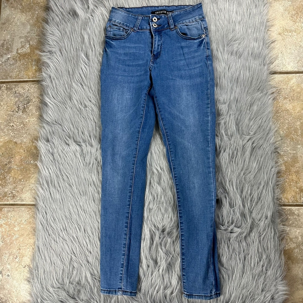 Sweetie Pie Womens High Rise Skinny Blue Jeans Double Button